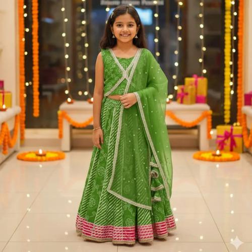 Mint Green Cotton Lehariya Jari Lahenga Set For Kids Girl