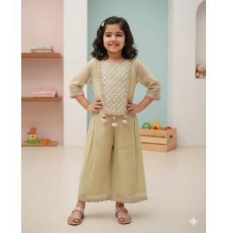 Pista Green Cotton Kota Doria Coord Set For Kids Girl