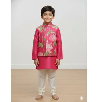 Hot Pink Cotton Kurta Pajama Jacket Set For Kids Boy