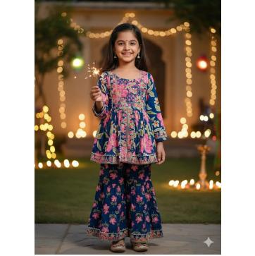 Blue Cotton Embroidery Floral Sharara Set For Kids Girl