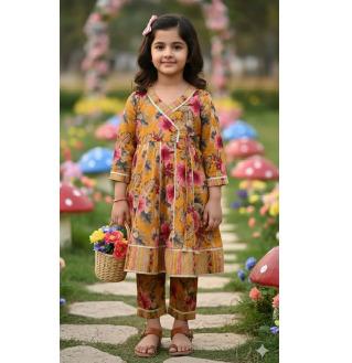 Mustard Cotton Floral Anarkali Set For Kids Girl