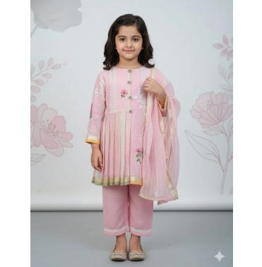 Peach Cotton Embroidery Kurti Pant Set For Kids Girl