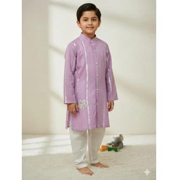 Light Purple Cotton Lurex Kurta Pajama For Kids Boy