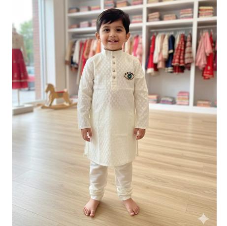 Off White Cotton Self Weaving Kurta Set For Kids Boy
