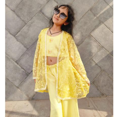 Yellow Cotton Coord Set Wit Jacket For Kids Girl