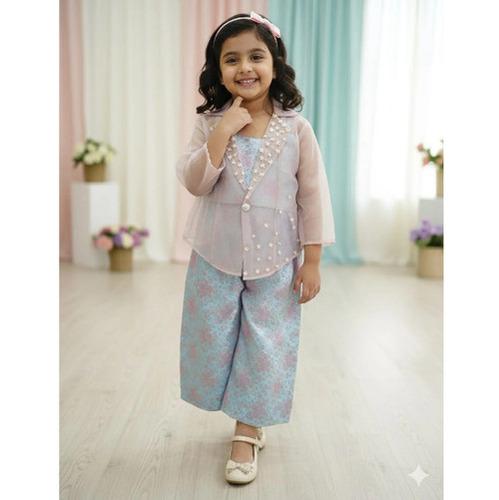 Light Blue Cotton Brocade Coord Set For Kids Girl