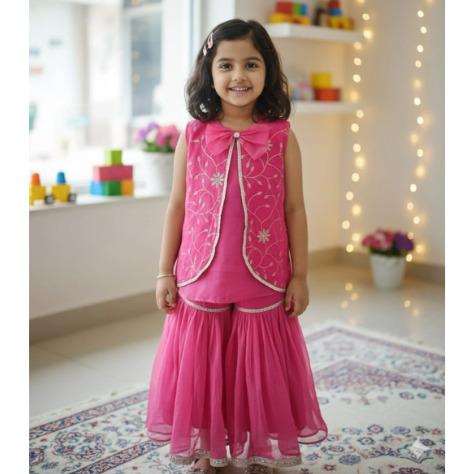 Hot Pink Cotton Sharara Set For Kids Girl