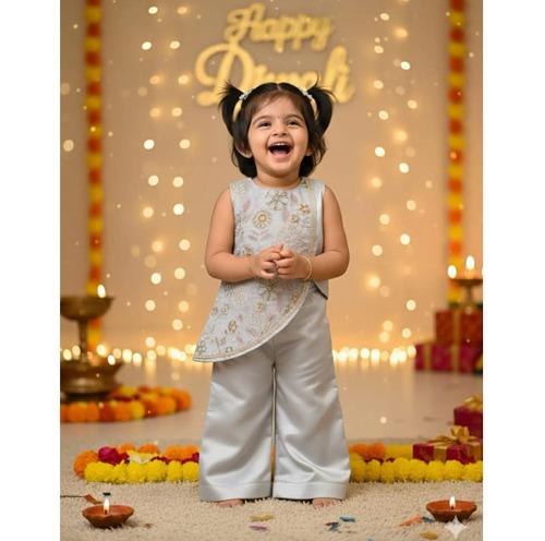 Gray Cotton Cosmo Tissue Cord Set For Kids Girl