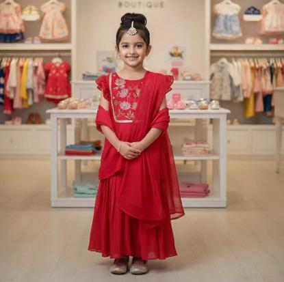 Cherry Red Cotton Chinnon Sharara Set For Kids Girl