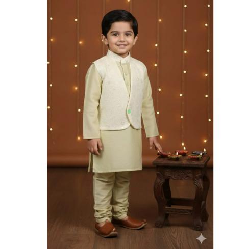 Pista Green Cotton Doria Chikankari Jacket Set For Kids Boy