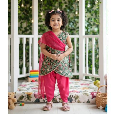 Multicolor Cotton Dola Silk Patola Print Dhoti Set For Kids
