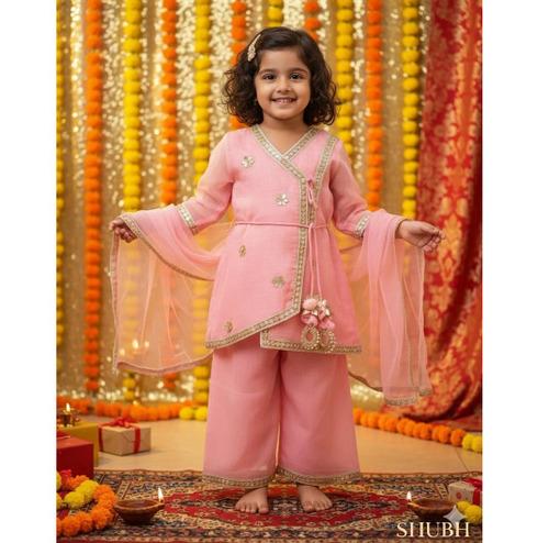 Pink Cotton Kota Doria Angrakha Plazzo Set For Kids Girl