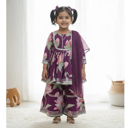 Purple Cotton Floral Sharara Set For Kids Girl