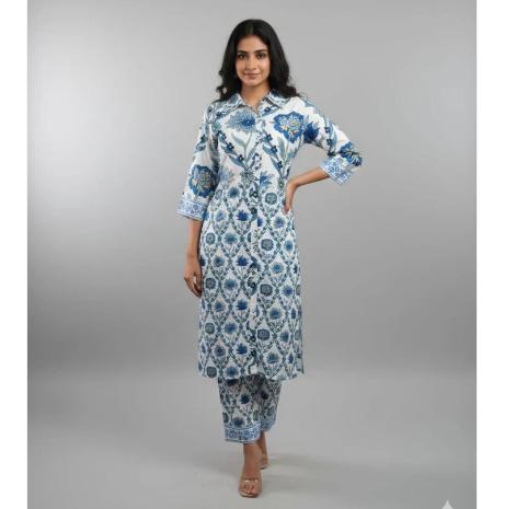Poly blend digital printed long shirt colour- Egg white and blue coloured co-ord set