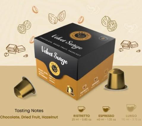 Velvet Surge by Telaa: Intensity-8, 100% Arabica Aluminium Nespresso-Compatible Pods