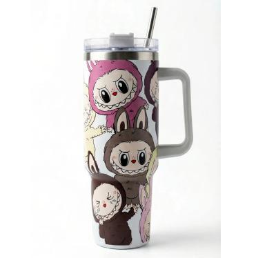1200ML Cartoon Print Stainless Steel Tumbler with Handle & Straw