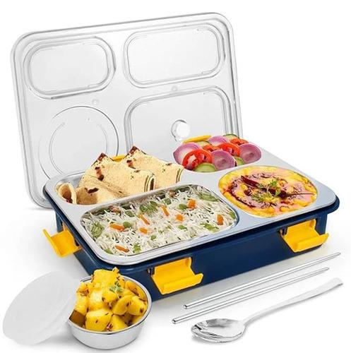 4-Compartment Stainless Steel Lunch Box with Fork & Spoon