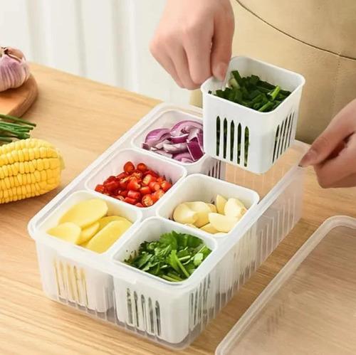 6 Grid Fridge Storage Container with Drain, Plastic Refrigerator Organizer Box