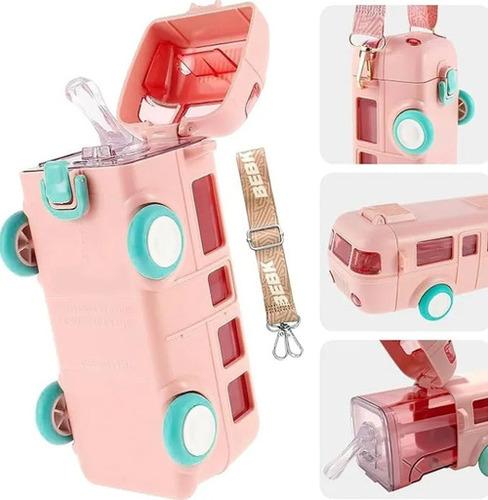 Blue Bus Shape Kids Water Bottle with Straw & Shoulder Strap, Leakproof Cartoon Bottle