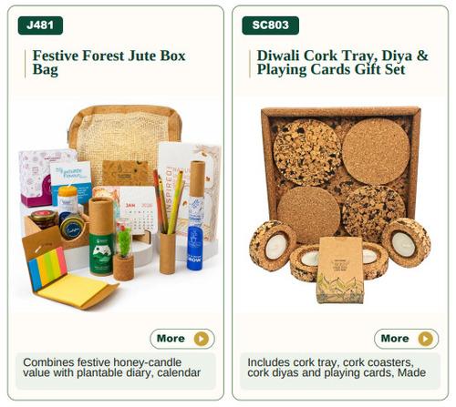 Festive Forest Jute Box Bag/ Diwali Cork Tray, Diya & Playing Cards Gift Set