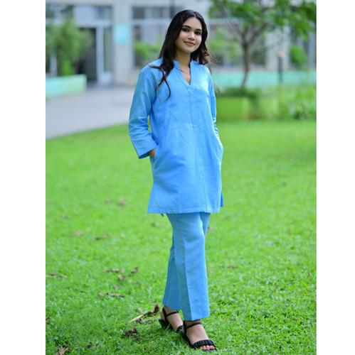 Blue Cotton Linen Coord Set