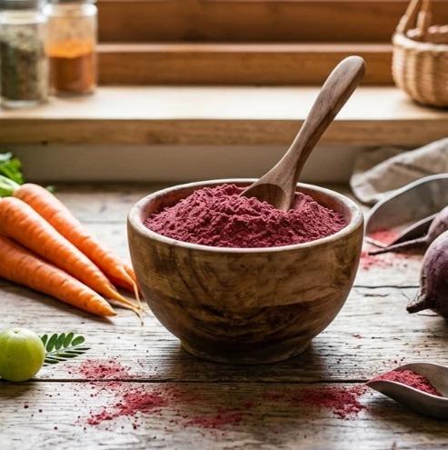 Tangy amla, Earthy beetroot, and sweet Carrot, each sun-dried Powder