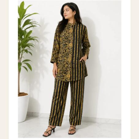 Black, mustard gold & teal Cotton Batik Stripe Ethnic Co-ord Set