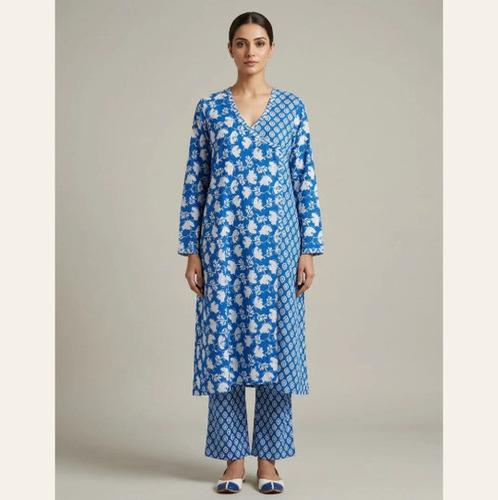 Blue Floral Angrakha Kurta Set