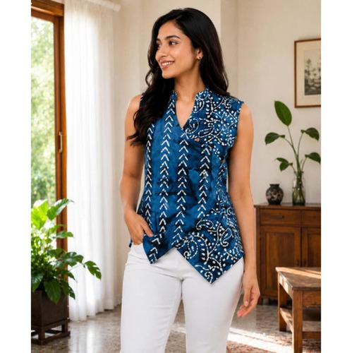 Classic Indigo blue & white Cotton Angrakha Fusion WaistCoat Top