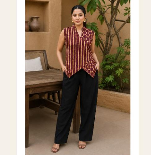 Deep maroon & mustard gold Cotton Angrakha Fusion WaistCoat Top
