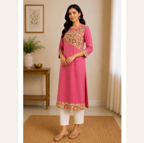 Floral Asymmetry Kurta - Rose pink with multicolour floral print