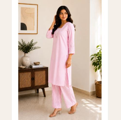 Pastel pink & gold stripe Cotton Polka Kurti & Pant Set