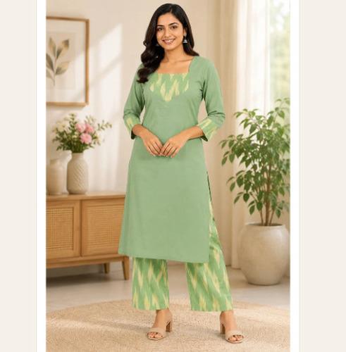 Sage green & cream Cotton Lime Ikat Kurta Pant Set