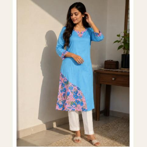 Sky blue & pink floral Cotton Asymmetry Kurta