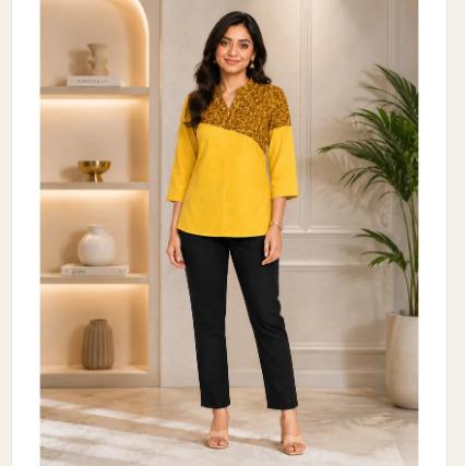Yellow cotton Earthy Chic Block Print Top