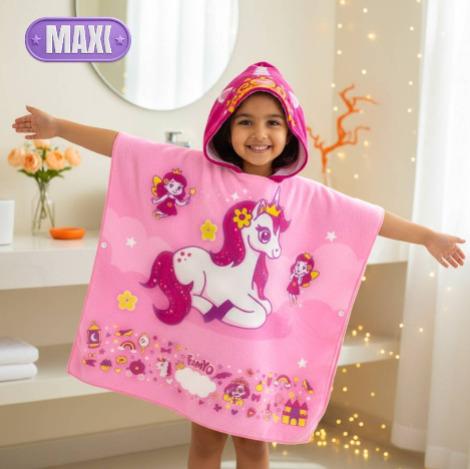 Unicorn Hooded Poncho Bath Towel for Kids (1-7 Yrs) - Pink - Hooded poncho bath towel