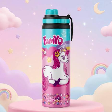Famyo June the Unicorn Water Bottle for Kids - For School & Travel, Pink	