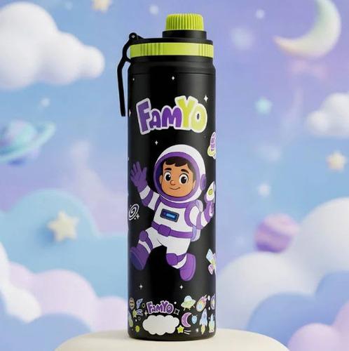 Famyo Leo the Astronaut Water Bottle for Kids - For School & Travel, Black