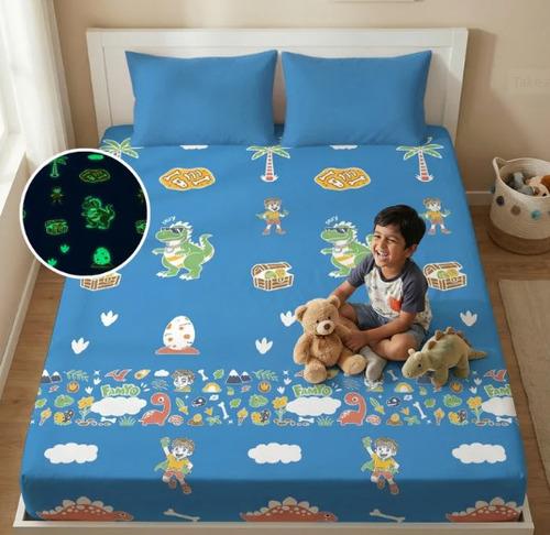 Famyo Glow Maxx Rexy the Dino Glow in the Dark Bedsheet for Kids - Soft, Blue