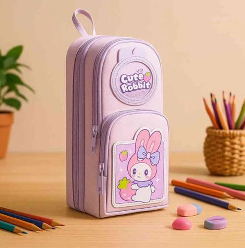 Famyo Purple Rabbit Pencil Pouch for Girls - 3 Compartment Zipper Pencil Case for School