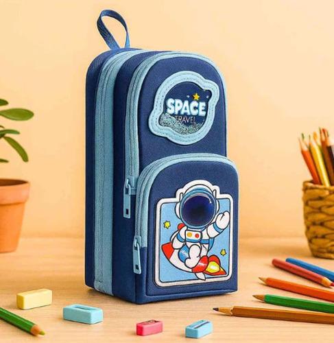 Famyo Blue Space Pencil Pouch for Kids - 3 Compartment Zipper Pencil Case for School	