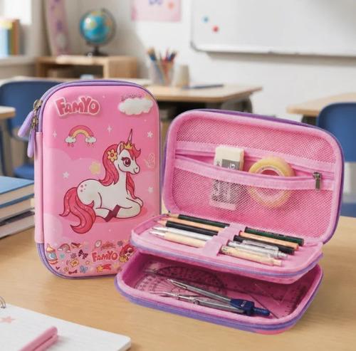 Famyo June the Unicorn Hard Pencil Box for Girls - Pink Hard Shell Pencil Case for School