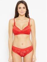 Orange Non Padded Wirefree Lace Design Bra & Bikini Panty Lingerie Set