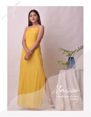 Maize square neck slit dress