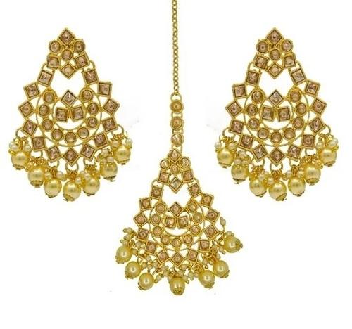 Traditional Jewellery Gold Plated Kundan & Pearl Maang Tikka Earring Set for Women Girls