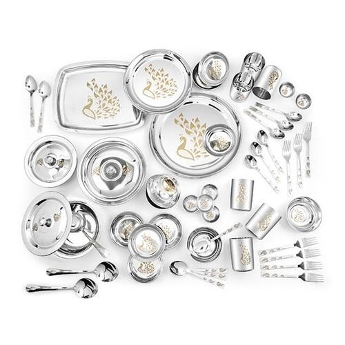 Stainless Steel 61 Pcs Peacock Dinner Set, Silver