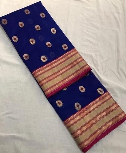 Ink Blue Pure Katan Silk Chanderi Saree with Pink Border