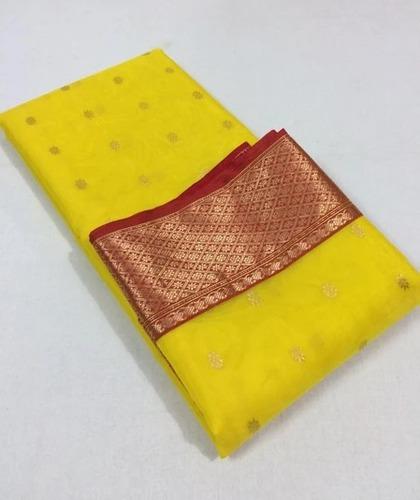 Yellow with Red Border Pure Katan Chanderi Silk Saree