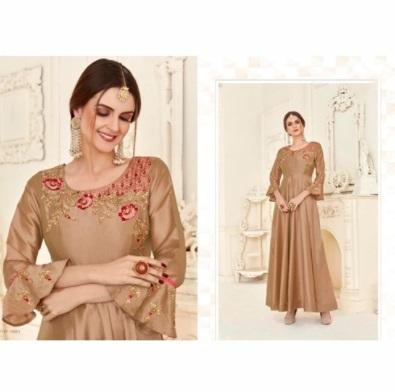 Soft Taffeta Silk Heavy Work Party Wear Golden Gown