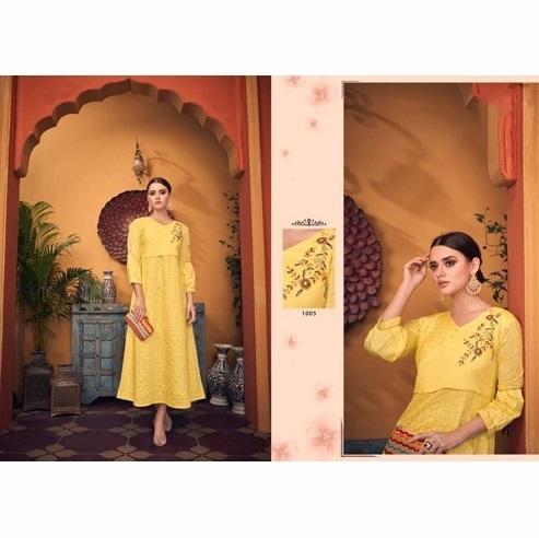 Hand Embroidered Yellow Party Wear Fashionable Gown